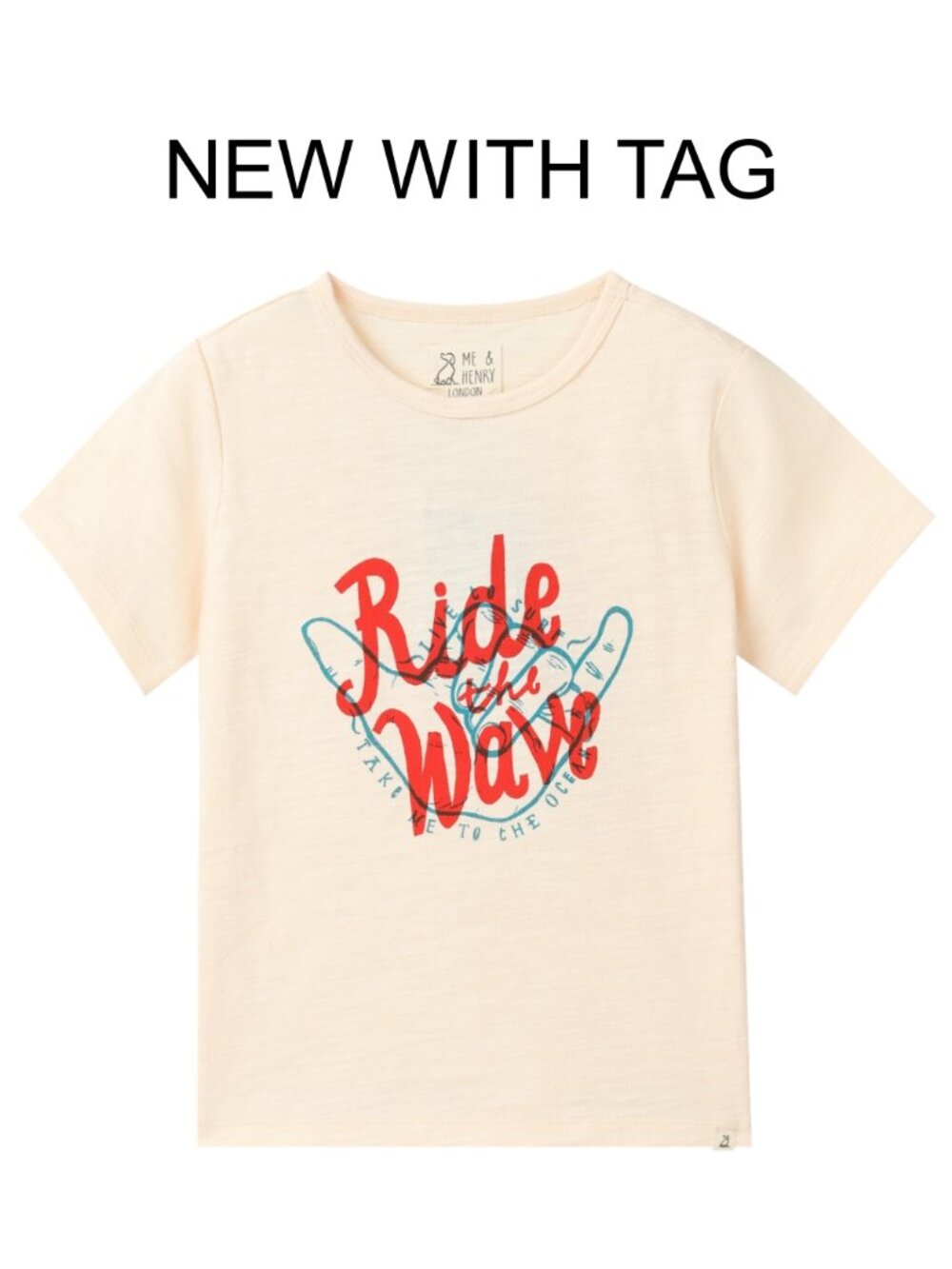 NWT - ME & HENRY Cream S/S Graphic Tee "Ride The Wave" Size 5/6Y